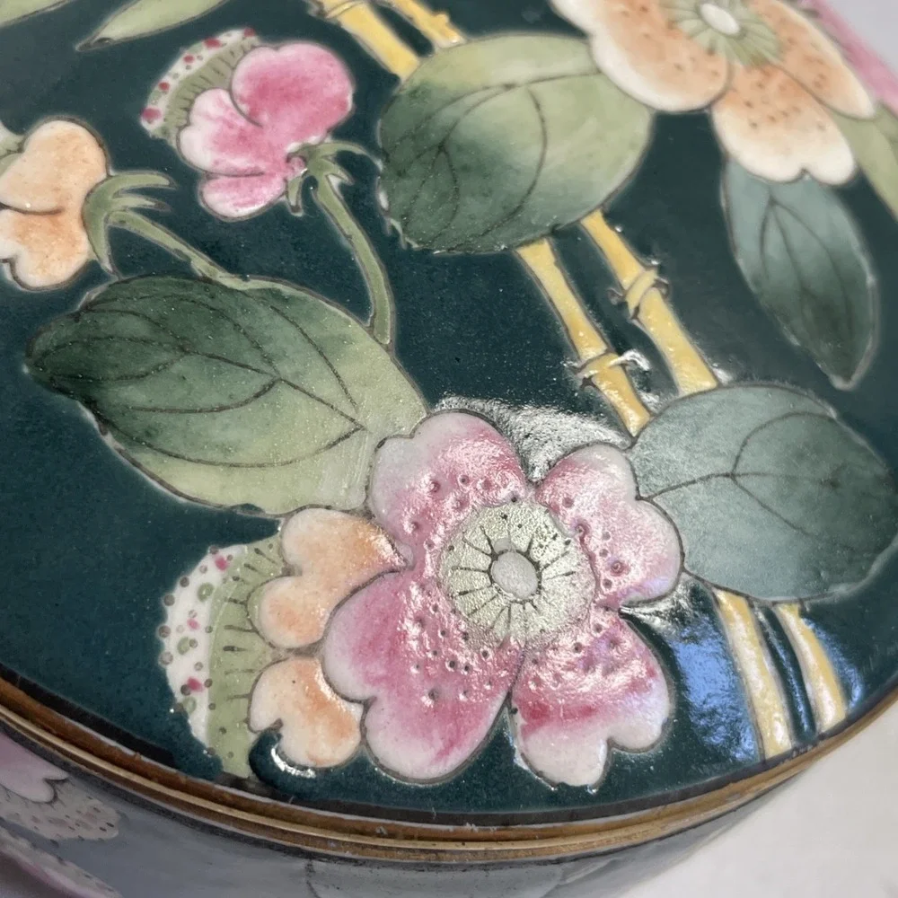 Vintage Chinoiserie Botanical Trinket Jewelry Box Lid‎ Porcelain Bamboo Stamped